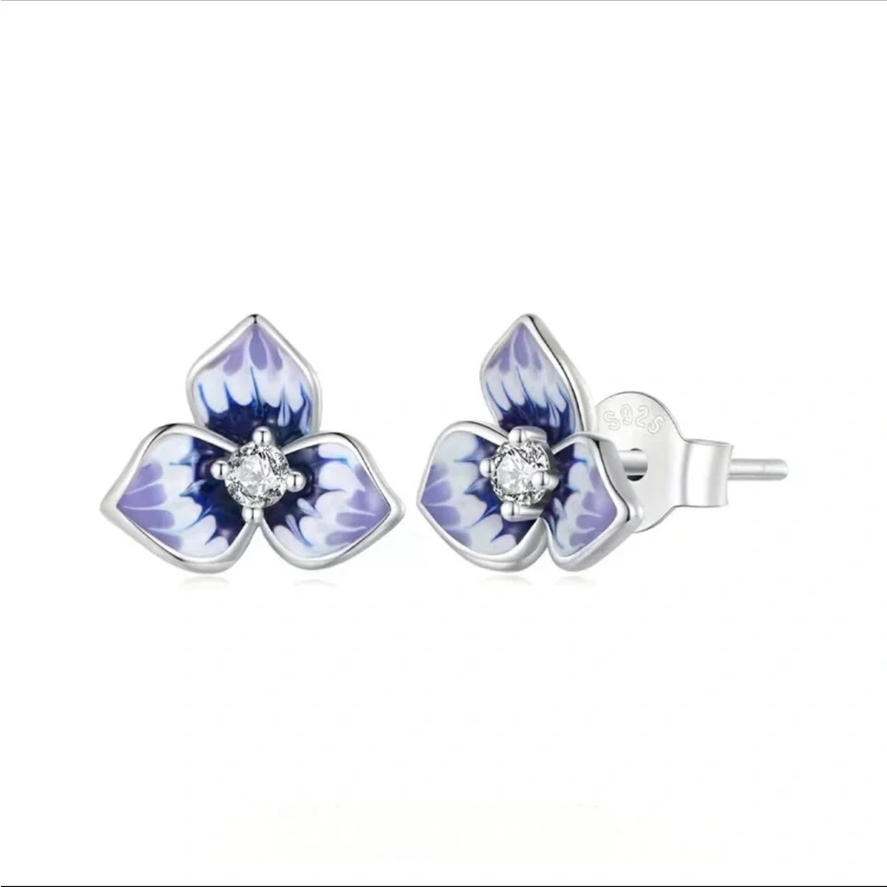 2/$30 Genuine 925 Sterling Silver & CZ Enameled Pansy Flower Earrings - Picture 2 of 6